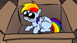 Size: 1024x576 | Tagged: safe, artist:petirep, character:rainbow dash, species:pony, fanfic:my little dashie, baby, baby pony, big eyes, box, cute, dashabetes, filly, rainbow dash presents, spoiler