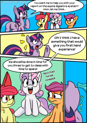 Size: 1120x1579 | Tagged: safe, artist:shrabby, character:apple bloom, character:scootaloo, character:sweetie belle, character:twilight sparkle, character:twilight sparkle (alicorn), species:alicorn, species:pegasus, species:pony, comic, cutie mark crusaders, dialogue, imminent vore, patreon, patreon logo, potion, questionable source, twipred, varying degrees of want