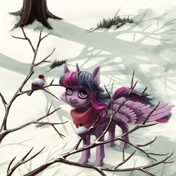 Size: 1800x1800 | Tagged: safe, artist:weird--fish, character:twilight sparkle, character:twilight sparkle (alicorn), species:alicorn, species:bird, species:pony, bare tree, bullfinch, clothing, female, scarf, smiling, snow, solo, tree, winter