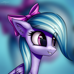 Size: 3000x3000 | Tagged: safe, artist:setharu, character:flitter, species:pegasus, species:pony, bow, bust, cute, ear fluff, female, folded wings, hair bow, mare, portrait, signature, smiling, smirk, solo, zoom layer