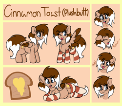 Size: 3550x3100 | Tagged: safe, artist:graphene, oc, oc only, oc:cinnamon toast, species:pegasus, species:pony, clothing, cute, cutie mark, emotions, flat colors, key, original species, plush pony, reference sheet, socks, striped socks, tongue out