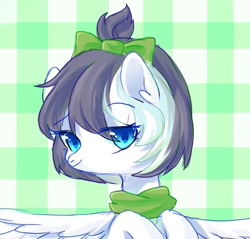 Size: 1150x1100 | Tagged: safe, artist:leafywind, oc, oc only, oc:tai, species:pegasus, species:pony, abstract background, bow, clothing, female, hair bow, mare, scarf, solo