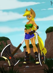 Size: 916x1270 | Tagged: safe, artist:siberwar, character:applejack, species:anthro, species:unguligrade anthro, axe, boots, clothing, cowboy hat, daisy dukes, front knot midriff, hand on hip, hat, midriff, shorts, stetson