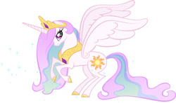 Size: 871x513 | Tagged: safe, artist:janice, artist:lauren faust, edit, character:princess celestia, species:alicorn, species:pony, alternate hairstyle, cloven hooves, color edit, colored, colored hooves, concept art, female, mare, rearing, simple background, solo, spread wings, vector, what could have been, white background, wings