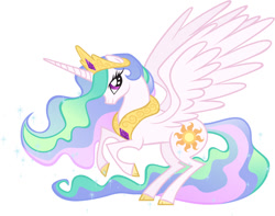 Size: 696x549 | Tagged: safe, artist:janice, artist:lauren faust, edit, character:princess celestia, species:alicorn, species:pony, cloven hooves, color edit, colored, colored hooves, concept art, female, mare, rearing, simple background, solo, spread wings, traditional art, vector, white background, wings