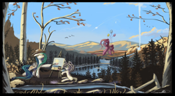 Size: 1202x664 | Tagged: safe, artist:auroriia, character:pinkie pie, character:princess celestia, species:alicorn, species:earth pony, species:pony, balloon, clothing, easel, floating, hat, nature, paintbrush, painting, palette, plein air, river, scenery, smiling, then watch her balloons lift her up to the sky