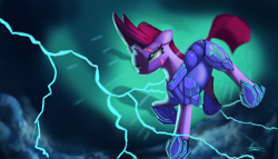 Size: 5040x2880 | Tagged: dead source, safe, artist:auroriia, character:tempest shadow, species:pony, species:unicorn, my little pony: the movie (2017), armor, broken horn, eye scar, female, lightning, mare, scar, scar on the wrong side, solo