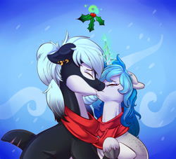 Size: 2200x2000 | Tagged: safe, artist:passigcamel, oc, oc only, oc:bubble lee, oc:mako, species:earth pony, species:pony, species:unicorn, clothing, commission, couple, ear piercing, female, floppy ears, gift art, glowing horn, holly, holly mistaken for mistletoe, hybrid, kissing, magic, makolee, male, mare, oc x oc, orca pony, original species, piercing, scarf, shipping, snow, snowfall, stallion, straight