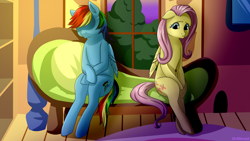 Size: 800x450 | Tagged: safe, artist:draltruist, character:fluttershy, character:rainbow dash, species:pony, couch, female, fluttershy's cottage, mare, multicolored hair, sitting