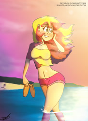 Size: 1024x1408 | Tagged: safe, artist:ringteam, character:sunset shimmer, character:twilight sparkle, my little pony:equestria girls, belly button, midriff, sandals, water, wet