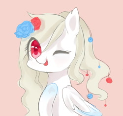 Size: 885x840 | Tagged: safe, artist:leafywind, oc, oc only, species:pegasus, species:pony, female, flower, flower in hair, mare, one eye closed, rose, simple background, tongue out, wink