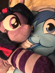 Size: 1536x2048 | Tagged: safe, artist:epicrainbowcrafts, character:minuette, character:twilight sparkle, species:pony, species:unicorn, body pillow, brushing teeth, clothing, cuddling, female, irl, mare, photo, plushie, socks, striped socks