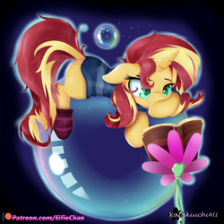 Size: 3000x3000 | Tagged: safe, artist:eifiechan, character:sunset shimmer, species:pony, species:unicorn, book, bubble, clothing, cute, female, flower, mare, patreon, patreon logo, reading, shimmerbetes, smiling, socks