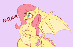 Size: 1933x1245 | Tagged: safe, artist:graphene, character:fluttershy, species:dragon, blushing, cute, dragonified, ear fluff, fangs, female, flutterdragon, looking up, open mouth, pink background, rawr, shy, shyabetes, simple background, smiling, solo, species swap, spread wings, weapons-grade cute, wings