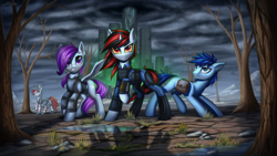 Size: 6000x3374 | Tagged: safe, artist:setharu, oc, oc only, oc:blackjack, oc:morning glory (project horizons), oc:p-21, oc:rampage, species:earth pony, species:pegasus, species:pony, species:unicorn, fallout equestria, fallout equestria: project horizons, absurd resolution, armor, barbed wire, city, clothing, hoofington, saddle bag, scenery, spikes, wasteland