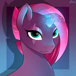 Size: 3000x3000 | Tagged: safe, artist:malamol, character:tempest shadow, species:pony, species:unicorn, my little pony: the movie (2017), alternate hairstyle, broken horn, bust, electricity, eye scar, female, looking at you, mare, scar, smiling, solo