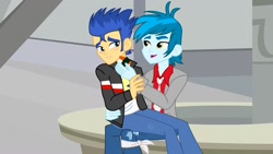 Size: 1600x900 | Tagged: safe, artist:supermaxx92, character:flash sentry, species:human, my little pony:equestria girls, blushing, food, gay, humanized, male, shipping, sitting, sitting on person, sushi, thunderbass, thunderflash