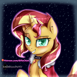 Size: 3000x3000 | Tagged: safe, artist:eifiechan, character:sunset shimmer, species:pony, species:unicorn, blushing, bust, chest fluff, choker, clothing, collar, colored pupils, cutie mark collar, ear piercing, female, lidded eyes, looking at you, mare, patreon, patreon logo, piercing, raised eyebrow, raised hoof, smiling, snow, solo, spiked collar, winter