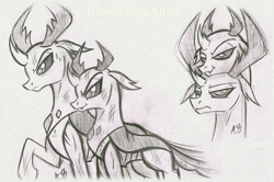 Size: 2320x1540 | Tagged: safe, artist:rossmaniteanzu, character:pharynx, character:prince pharynx, character:thorax, species:changeling, species:reformed changeling, brotherhood, brotherly love, brothers, changedling brothers, duo, floppy ears, grayscale, male, monochrome, raised hoof, simple background, sketch, smiling, unamused