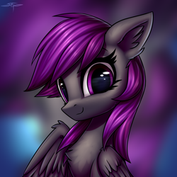 Size: 3000x3000 | Tagged: safe, artist:setharu, oc, oc only, oc:gray stillness, species:pegasus, species:pony, bust, chest fluff, commission, ear fluff, female, fluffy, looking at you, mare, portrait, signature, smiling, solo, zoom layer