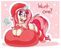 Size: 3500x2800 | Tagged: safe, artist:graphene, oc, oc only, oc:rose pendant, species:pony, species:unicorn, beanbag chair, christmas, clothing, dialogue, female, gingerbread man, glasses, glowing horn, hat, holiday, levitation, magic, mare, mouth hold, santa hat, smiling, socks, solo, striped socks, sweater, telekinesis