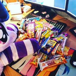 Size: 2048x2048 | Tagged: safe, artist:epicrainbowcrafts, character:twilight sparkle, candy, clothing, computer, food, irl, photo, plushie, socks, striped socks, sweets