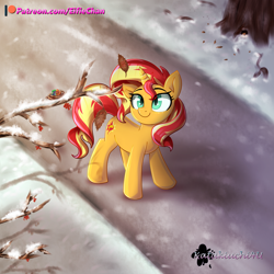 Size: 3000x3000 | Tagged: safe, artist:eifiechan, character:sunset shimmer, species:bird, species:pony, species:unicorn, bird nest, cute, female, mare, patreon, patreon logo, shimmerbetes, smiling, snow, solo, winter