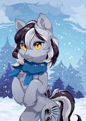 Size: 1500x2100 | Tagged: safe, artist:lispp, oc, oc only, species:bat pony, species:pony, bat pony oc, clothing, cute, fangs, female, fluffy, looking at you, mare, scarf, slit eyes, snow, snowfall, solo, tree, wings, winter, ych result