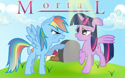 Size: 1920x1200 | Tagged: safe, artist:kittyhawk-contrail, character:rainbow dash, character:twilight sparkle, character:twilight sparkle (alicorn), species:alicorn, species:pony, angry, elderly, fanfic, fanfic art, fanfic cover, female, grave, gravestone, immortality, immortality blues, mare, mortality, mortality blues, old, twilight will outlive her friends