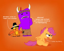 Size: 2835x2274 | Tagged: safe, artist:cartuneslover16, character:scootaloo, species:pegasus, species:pony, clothing, crossover, dialogue, hat, monster krumholtz, robot and monster, robot default, scootachicken, thanksgiving
