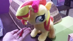 Size: 4128x2322 | Tagged: safe, artist:onlyfactory, photographer:horsesplease, character:sunset shimmer, species:human, species:pony, bootleg, chilli, feeding, female, food, hand, irl, malaysia, mare, photo, plushie, silly, silly pony, spicy