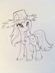 Size: 960x1280 | Tagged: safe, artist:lispp, character:rarity, species:pony, species:unicorn, episode:simple ways, g4, my little pony: friendship is magic, clothing, cloven hooves, female, hat, mare, monochrome, rarihick, simple background, sketch, solo, traditional art, unshorn fetlocks