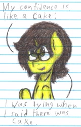 Size: 1553x2423 | Tagged: safe, artist:binary6, oc, oc only, oc:happy wigglesworth, species:pony, species:unicorn, confidence, freckles, glasses, joke, lined paper, portal (valve), portal 2, reference, solo, the cake is a lie, traditional art