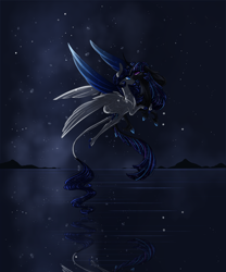 Size: 2000x2400 | Tagged: safe, artist:australian-senior, character:rarity, character:twilight sparkle, character:twilight sparkle (alicorn), oc, oc:luminia invictus, species:alicorn, species:classical unicorn, species:pony, species:unicorn, ship:rarilight, alicornified, alternate universe, colored hooves, colored wings, colored wingtips, female, flying, kirindos, leonine tail, lesbian, night, race swap, raricorn, shipping, stars, unshorn fetlocks