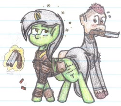 Size: 640x560 | Tagged: safe, artist:binary6, oc, oc only, oc:circuit, species:pony, species:unicorn, fallout equestria, female, flirty, gun, leather armor, lined paper, raider, shotgun, traditional art, weapon