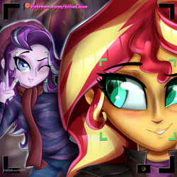 Size: 3000x3000 | Tagged: safe, artist:eifiechan, character:starlight glimmer, character:sunset shimmer, ship:shimmerglimmer, my little pony:equestria girls, beanie, camera shot, clothing, female, hat, jacket, leather jacket, lesbian, one eye closed, pants, patreon, patreon logo, peace sign, scarf, selfie, shipping, smiling, wink
