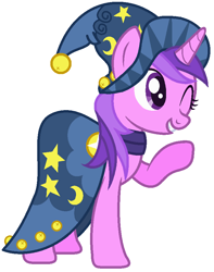 Size: 684x870 | Tagged: safe, artist:razorbladetheunicron, base used, character:amethyst star, character:sparkler, species:pony, species:unicorn, lateverse, bells, clothing, costume, female, mare, one eye closed, purple, raised hoof, simple background, smiling, solo, star swirl the bearded costume, waving, white background, wink