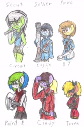 Size: 5562x8344 | Tagged: safe, artist:binary6, oc, oc only, oc:alloy cog, oc:binary7, oc:cindy, oc:circuit, oc:paint palette, oc:terra, species:anthro, absurd resolution, pyro, scout, soldier, team fortress 2, traditional art