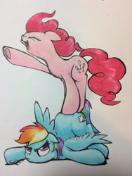 Size: 2448x3264 | Tagged: safe, artist:kittyhawk-contrail, character:pinkie pie, character:rainbow dash, species:pony, abuse, annoyed, dashabuse, duo, eyes closed, female, floppy ears, mare, open mouth, raised hoof, simple background, traditional art, underhoof