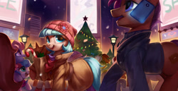 Size: 3300x1700 | Tagged: safe, artist:luciferamon, character:coco pommel, species:earth pony, species:pony, bag, candy cane, cellphone, christmas, christmas tree, clothing, coat, cocobetes, cute, female, hat, holiday, jacket, lamp, lamppost, looking at you, magic, manehattan, mare, open mouth, phone, scarf, smartphone, smiling, snow, telekinesis, tree, winter