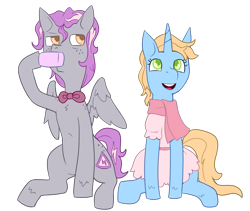 Size: 1229x1037 | Tagged: safe, artist:php93, oc, oc only, oc:skydiver, oc:zeninji, species:pegasus, species:pony, species:unicorn, 2018 community collab, derpibooru community collaboration, bow tie, clothing, dress, duo, freckles, scarf, simple background, sitting, transparent background