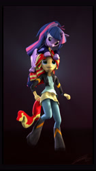 Size: 5400x9600 | Tagged: safe, artist:imafutureguitarhero, character:sunset shimmer, character:twilight sparkle, character:twilight sparkle (alicorn), character:twilight sparkle (scitwi), species:alicorn, species:anthro, species:eqg human, species:pony, species:unguligrade anthro, species:unicorn, ship:scitwishimmer, ship:sunsetsparkle, my little pony:equestria girls, 3d, absurd file size, absurd resolution, adidas, alternate hairstyle, anthro with ponies, black bars, boots, border, chromatic aberration, clothing, cute, dress, equestria girls ponified, female, film grain, floppy ears, hoodie, horn, jacket, leather jacket, lesbian, open mouth, pants, ponified, ponytail, scitwilicorn, shipping, shoes, signature, sitting on head, skirt, source filmmaker, tongue out, tracksuit, twiabetes, vertical, wings