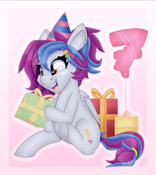 Size: 2543x2845 | Tagged: safe, artist:partylikeanartist, oc, oc only, oc:aerial soundwaves, species:pegasus, species:pony, balloon, birthday, clothing, cute, diabetes, hat, heart eyes, high res, hnnng, open mouth, party hat, ponyvillefm, present, ribbon, simple background, smiling, solo, tongue out, wingding eyes