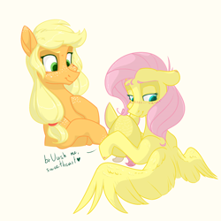 Size: 2000x2000 | Tagged: safe, artist:ogaraorcynder, character:applejack, character:fluttershy, species:earth pony, species:pegasus, species:pony, ship:appleshy, aplflu, blushing, dialogue, female, floppy ears, freckles, furby, hoof hold, lesbian, looking away, mare, missing accessory, shipping, simple background, smiling, spread wings, tattletail, toy, wings