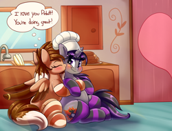 Size: 3000x2277 | Tagged: safe, artist:graphene, oc, oc only, oc:cinnamon toast, oc:magna-save, species:pegasus, species:pony, species:unicorn, blushing, chef's hat, clothing, cute, dialogue, eyes closed, female, hat, heart, horn ring, hug, kiss on the cheek, kissing, kitchen, lesbian, married, married couple, oc x oc, original species, plush pony, shipping, smiling, socks, striped socks, wing ring
