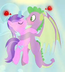 Size: 768x850 | Tagged: safe, artist:razorbladetheunicron, base used, character:amethyst star, character:sparkler, character:spike, species:dragon, species:pony, species:unicorn, lateverse, amespike, anxious, blushing, dragon wings, eyes closed, flying, glowing horn, heart, kissing, love, older, older spike, romance, shipping, sky background, sunlight, winged spike