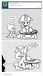 Size: 736x1305 | Tagged: safe, artist:mamatwilightsparkle, character:spike, character:twilight sparkle, species:dragon, ask, baby, baby spike, blanket, book, diaper, female, filly, filly twilight sparkle, mama twilight, monochrome, pencil drawing, table, traditional art, tumblr, tumblr comic, tumblr:mama twilight sparkle, younger