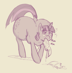Size: 603x611 | Tagged: safe, artist:shrabby, character:twilight sparkle, bibliovore, book, eating, female, huge butt, impossibly large butt, large butt, mind control, plot, solo
