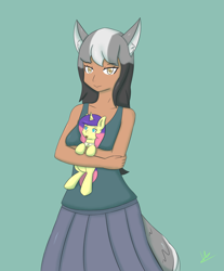 Size: 3305x4001 | Tagged: safe, artist:wolfy-pony, non-mlp oc, oc, oc only, species:human, species:pony, absurd resolution, clothing, female, looking at you, mare, pleated skirt, simple background, skirt, smiling