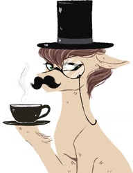 Size: 1000x1302 | Tagged: safe, artist:weird--fish, oc, oc only, oc:rusty star, species:earth pony, species:pony, bust, clothing, cup, facial hair, food, hat, like a sir, monocle, monocle and top hat, moustache, simple background, solo, tea, teacup, top hat, white background